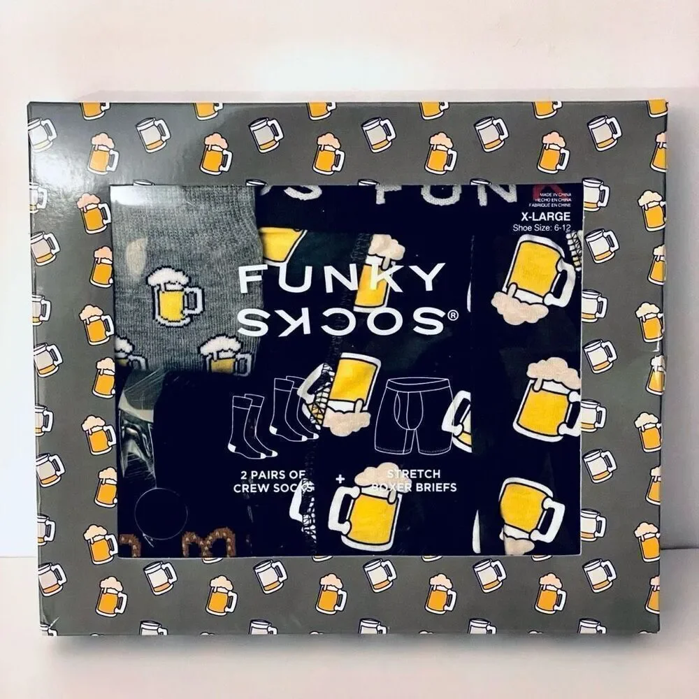 NWT 3 Pc FUNKY SOCKS Men's XL Boxed Gift Set 2 Beer Socks Sz 6-12 & Boxer Briefs